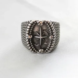 Vintage compass steampunk signet ring front view featuring aged silver-black finish with detailed north star compass motif and textured band