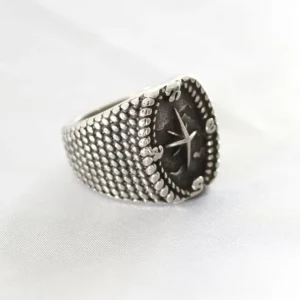 Steampunk compass ring side oblique angle showcasing dotted metal shank and mechanical compass design details