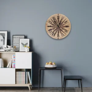 Vintage nautical compass wall clock Compass 2 mounted on gray accent wall in modern living room interior design setting