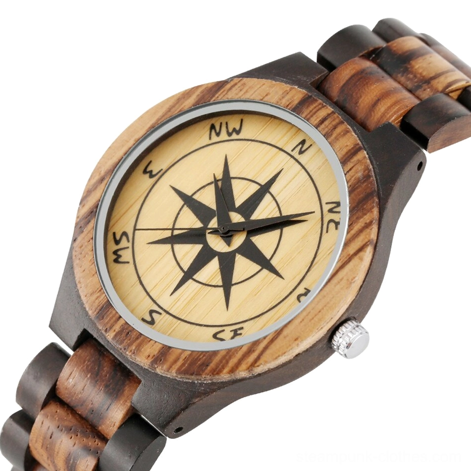 Wooden compass wristwatch right three-quarter view displaying full cardinal direction compass dial and all-wood case construction