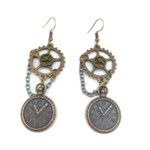 Antique copper plated steampunk pocket watch dangle earrings with gear charm and Roman numeral dial on chain, overhead flat lay view