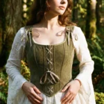 Olive green corduroy steampunk corset with square neckline and front ribbon lace-up closure, styled with long-sleeve medieval dress