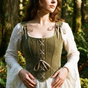 Olive green corduroy steampunk corset with square neckline and front ribbon lace-up closure, styled with long-sleeve medieval dress