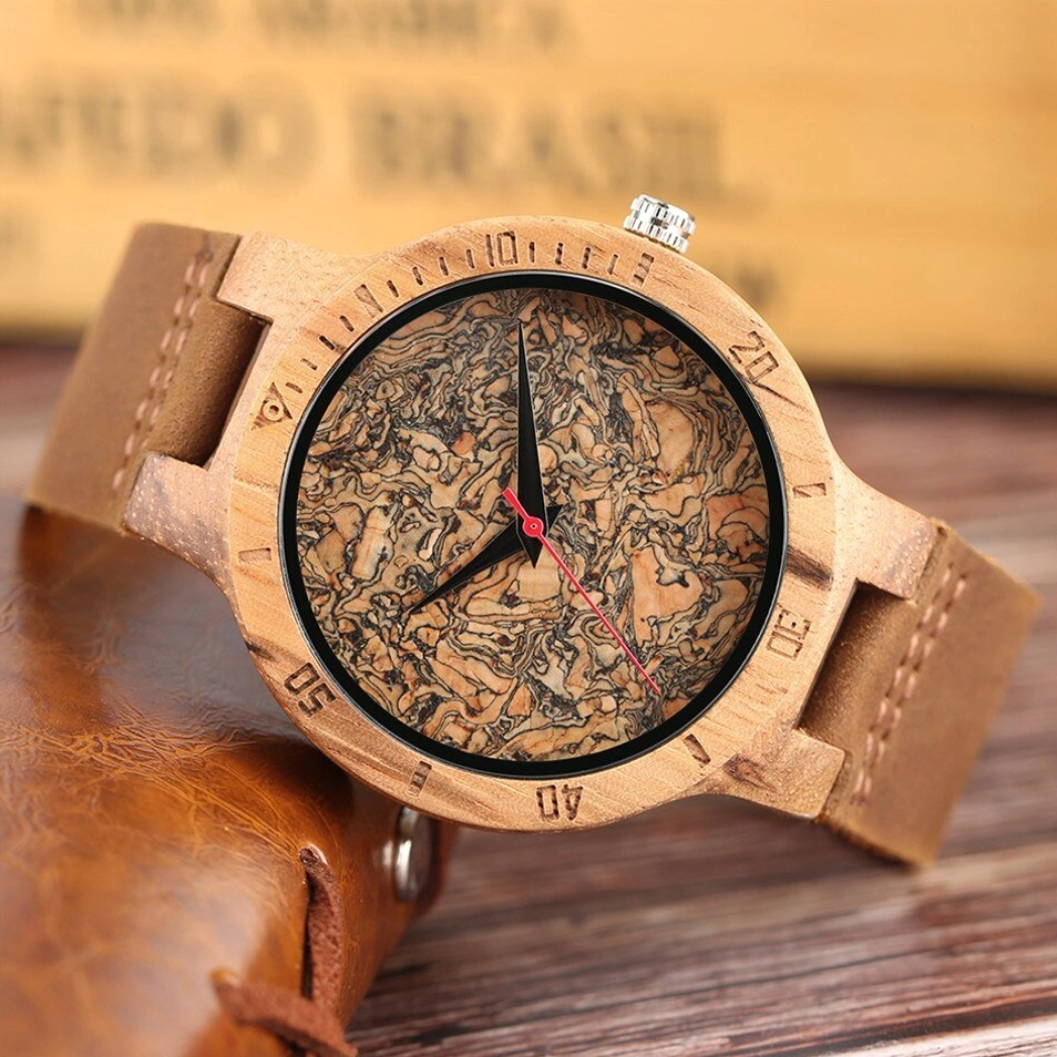 Light wood leather steampunk watch with silver crown detail, 3/4 right angle on retro wooden surface