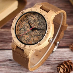 Steampunk cork wood watch with marbled dial and red second hand, 3/4 angle view on wooden desk with vintage decor
