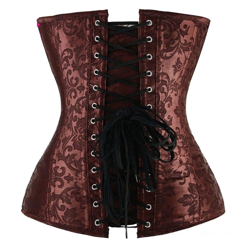 Back view of steampunk corset showing brown jacquard fabric and adjustable black lace-up back with metal eyelet fasteners