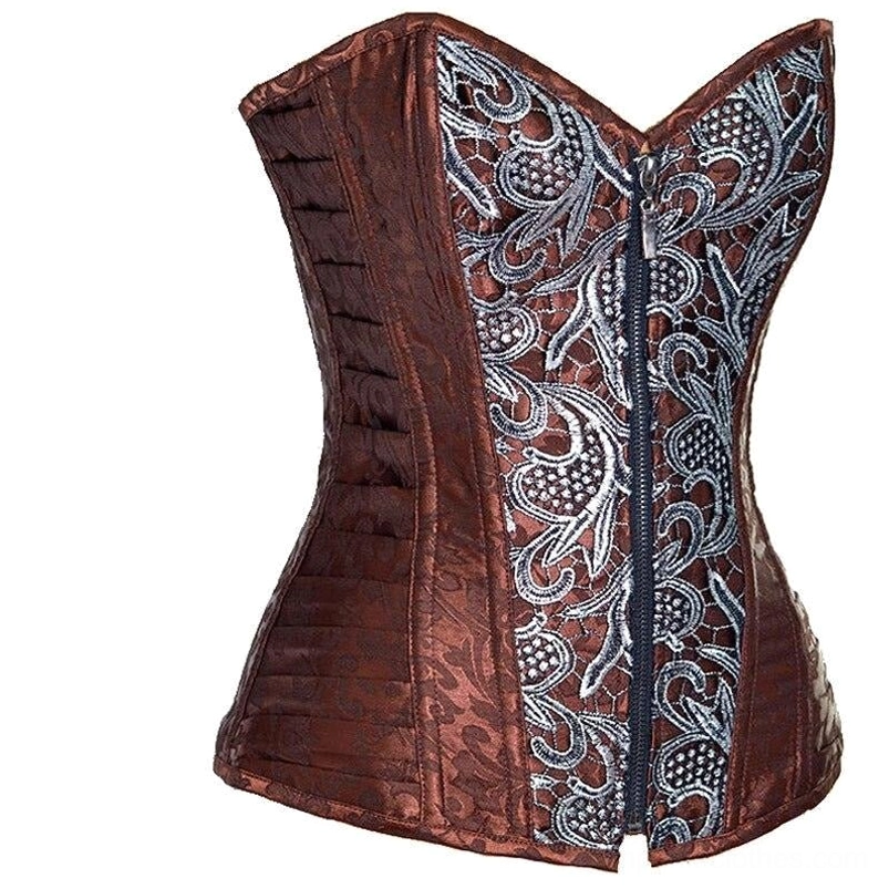 Angled front view of strapless sweetheart steampunk corset displaying brown jacquard fabric and front zipper closure