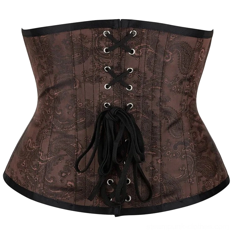Steampunk underbust corset back flat view showing crisscross lace-up pattern and black drawstrings