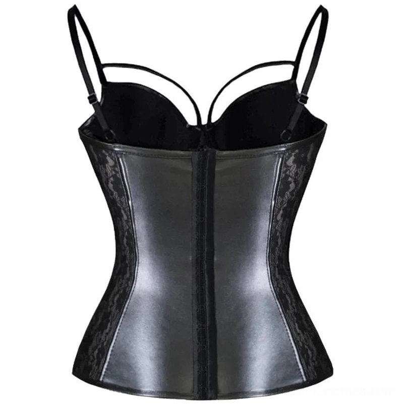 Morticia steampunk corset back flat lay displaying smooth faux leather panels, structured bone seams, and boning design