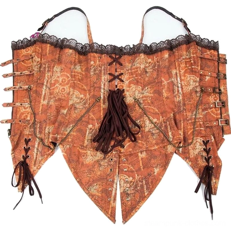 Steampunk swallowtail corset flat lay rear view showing gear print exterior and crisscross lace-up with tassel