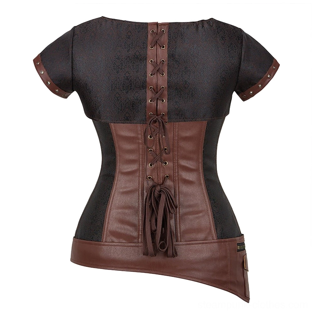 Back full product view of steampunk corset with lace-up back tie and asymmetric leather trim detail