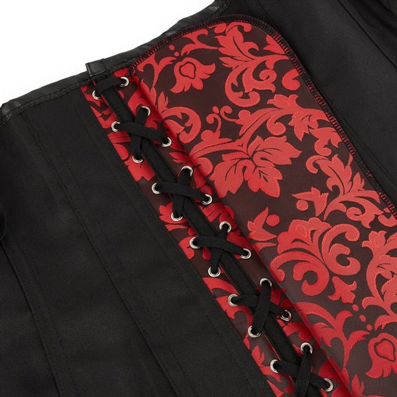 Close-up detail of steampunk corset back lacing with black lace fasteners and red damask fabric panels