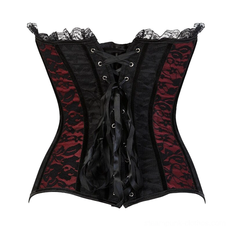 Back view of steampunk corset on white background featuring adjustable ribbon lace-up closure, black-red floral lace panels, and black satin binding detail