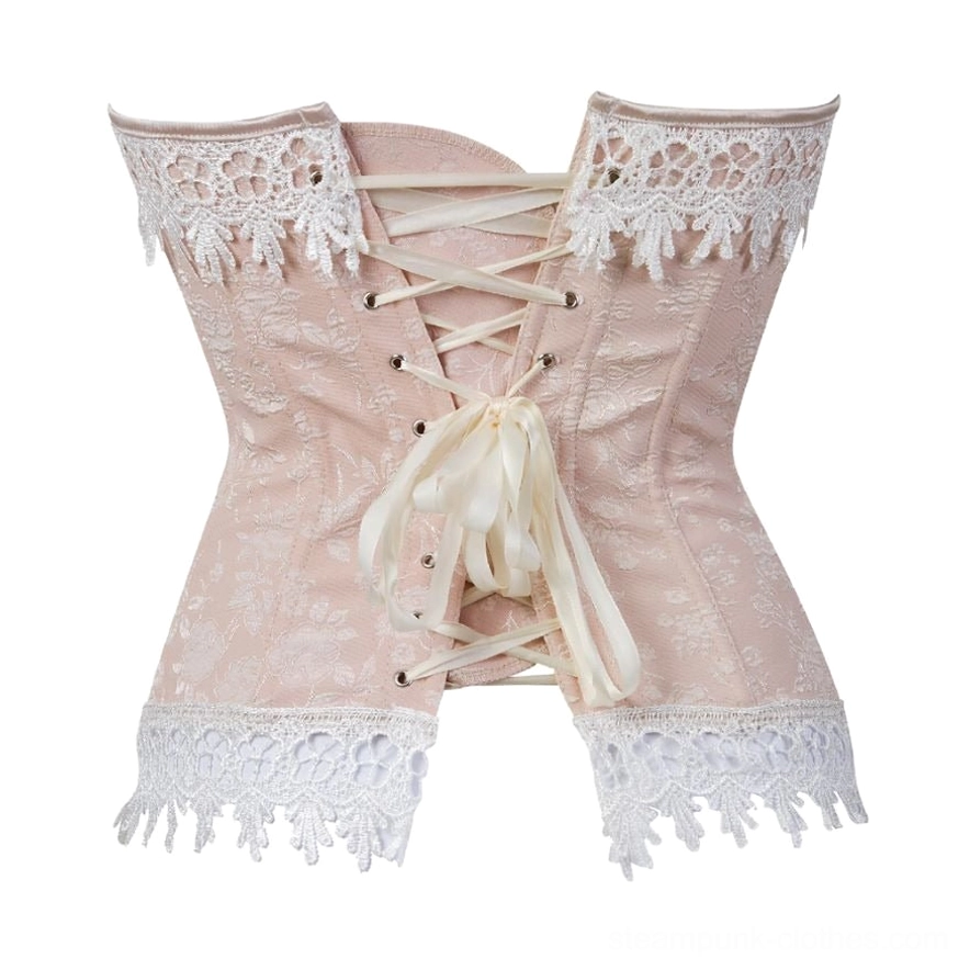Steampunk corset back view with ribbon lace-up closure, satin bow accent, white lace trim details, and full structural support from spiral steel bones