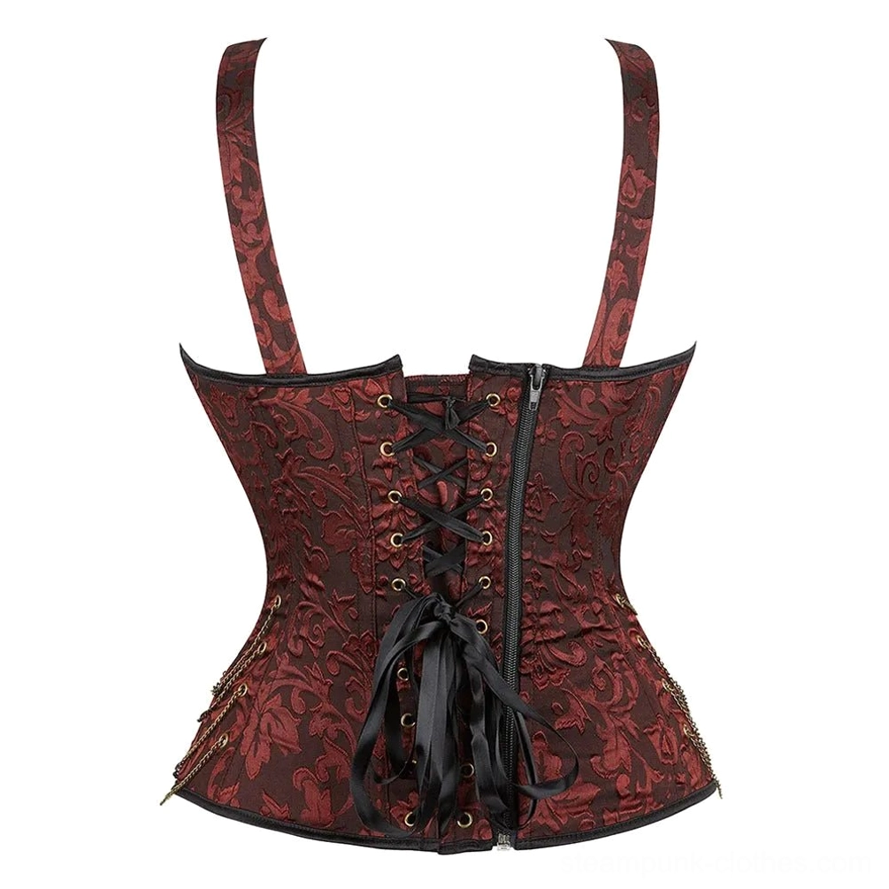 Steampunk Corset Back Design - Long Lace-Up Ribbon, Side Zipper Closure and Decorative Chain Details for Authentic Construction