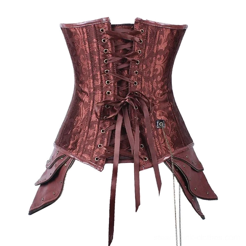 Back view of steampunk corset showing satin ribbon lace-up closure hanging side chains and faux leather trims