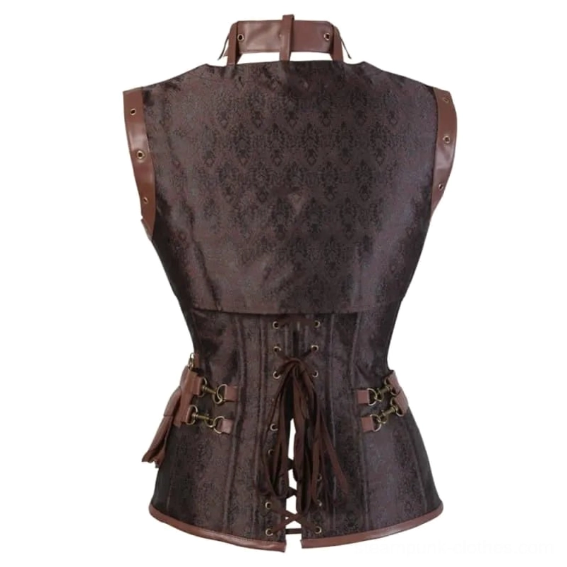 Steampunk corset back closure showing lace-up back, side buckle straps, bronze eyelets and vegan leather trim edges