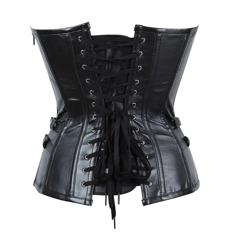 Back view of black steampunk punk corset with lace-up back closure and side buckles curved hem design