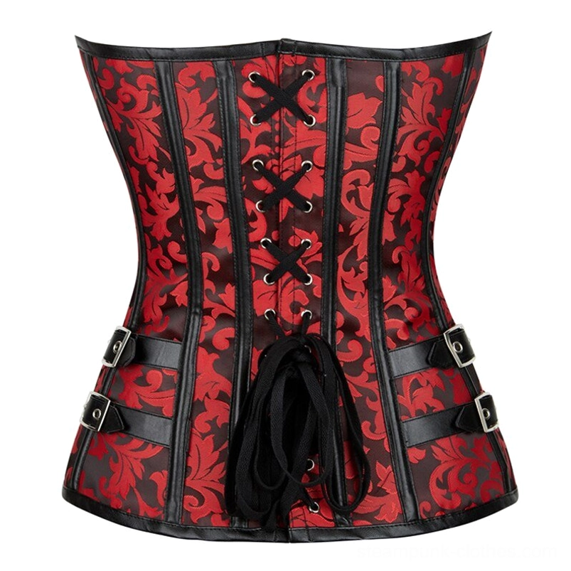 Steampunk gothic corset back view with lace-up closure and dual black leather side buckle straps