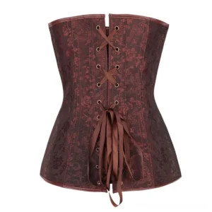 Steampunk corset back view showing crisscross lace-up closure, waist ribbon tassel, and floral jacquard brocade pattern on white background