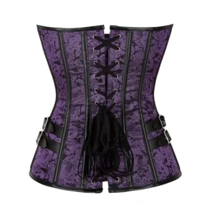 Back view of purple steampunk corset showing black lace-up closure and vertical boned seams