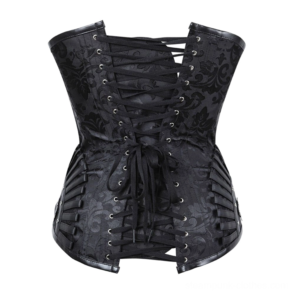 Steampunk corset back view showing full lace-up closure with drawstring ties and decorative side strap metalwork on white background