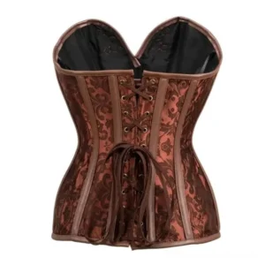 Steampunk corset back view featuring lace-up shoelace closure with black inner lining and leather edge trim details - Victorian industrial design