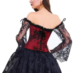 Steampunk off-shoulder corset back view with lace-up design, metal grommets, worn with black tulle skirt