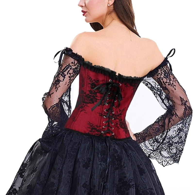 Steampunk off-shoulder corset back view with lace-up design, metal grommets, worn with black tulle skirt