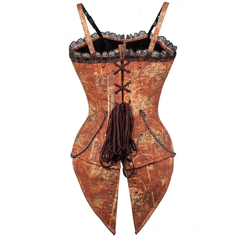 Steampunk swallowtail corset back view showcasing crisscross lace-up design with tassel and gear printed fabric