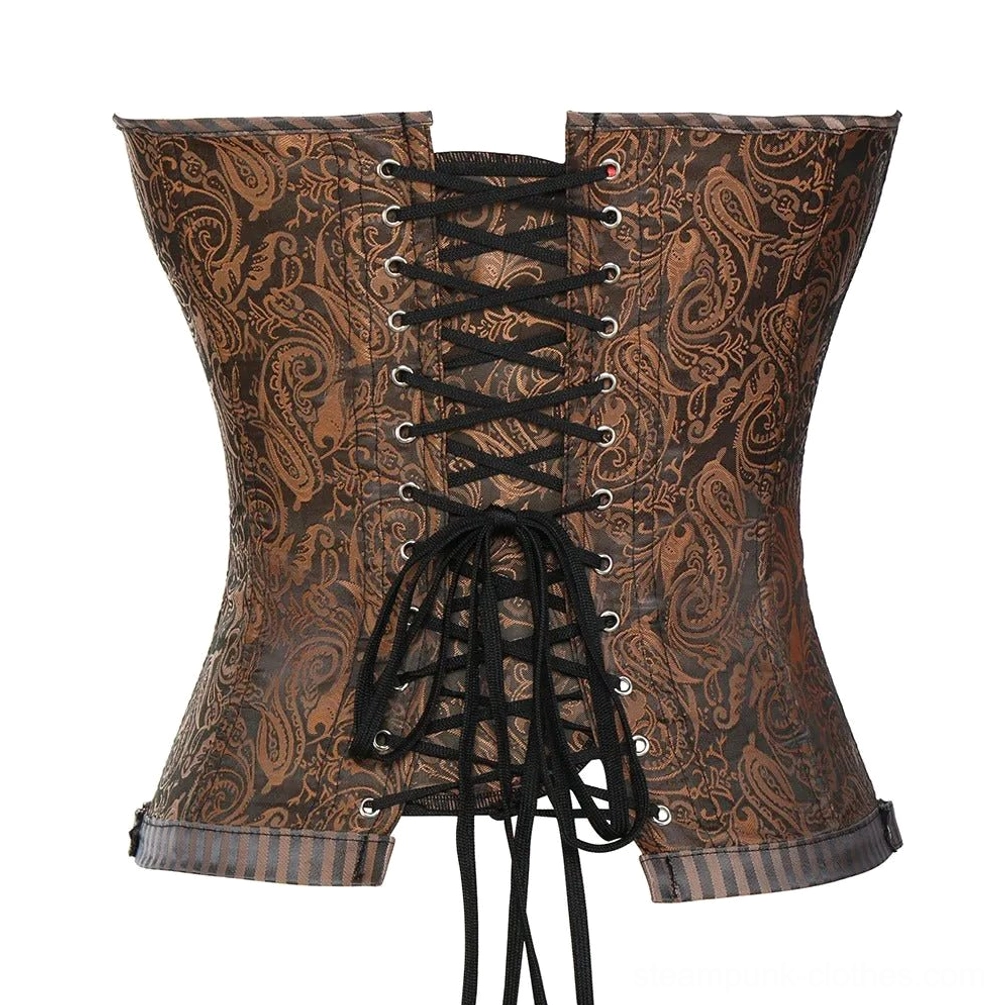 Steampunk corset back detail showing black lace-up fasteners, silver metal eyelets, and paisley fabric close-up on mannequin