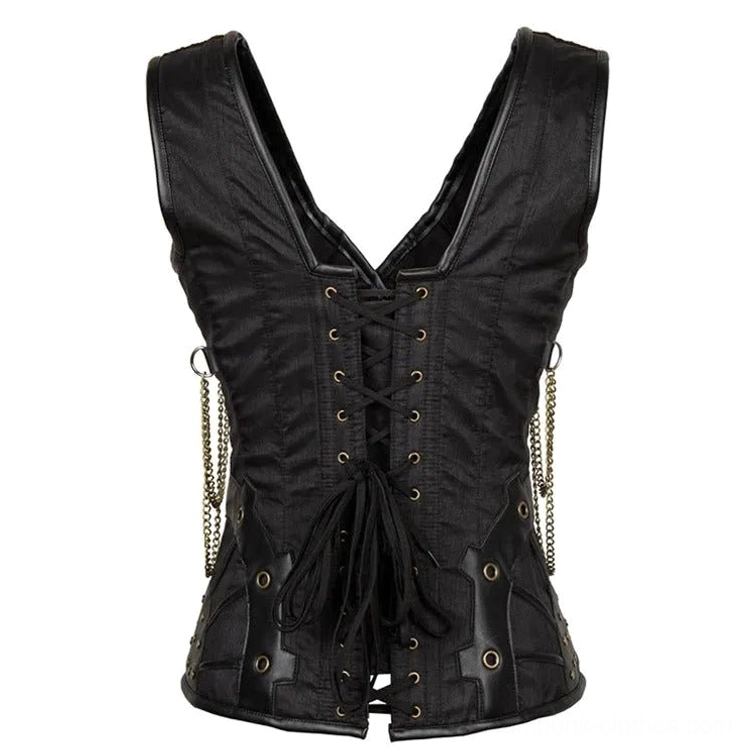 Black steampunk corset back view showing lace-up back closure with metal eyelets and decorative chains studs chain embellishments
