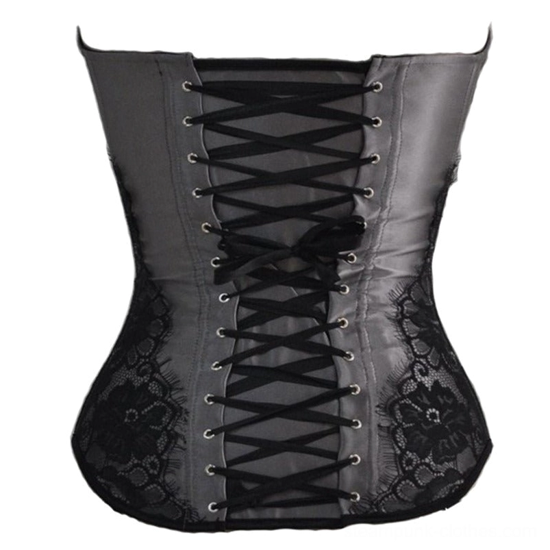 Back view of grey steampunk corset showing black ribbon lace-up closure with metal eyelets and side lace decorations