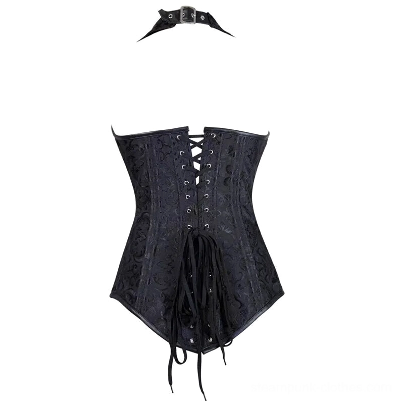 Steampunk corset back panel and lace-up detail with tasseled ties and black jacquard fabric texture