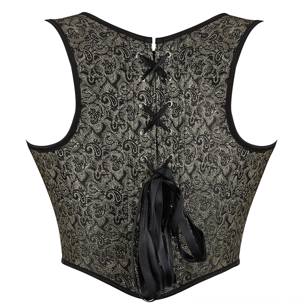 Steampunk corset bustier rear back view with functional lace-up closure black ribbon lacing and metal eyelets