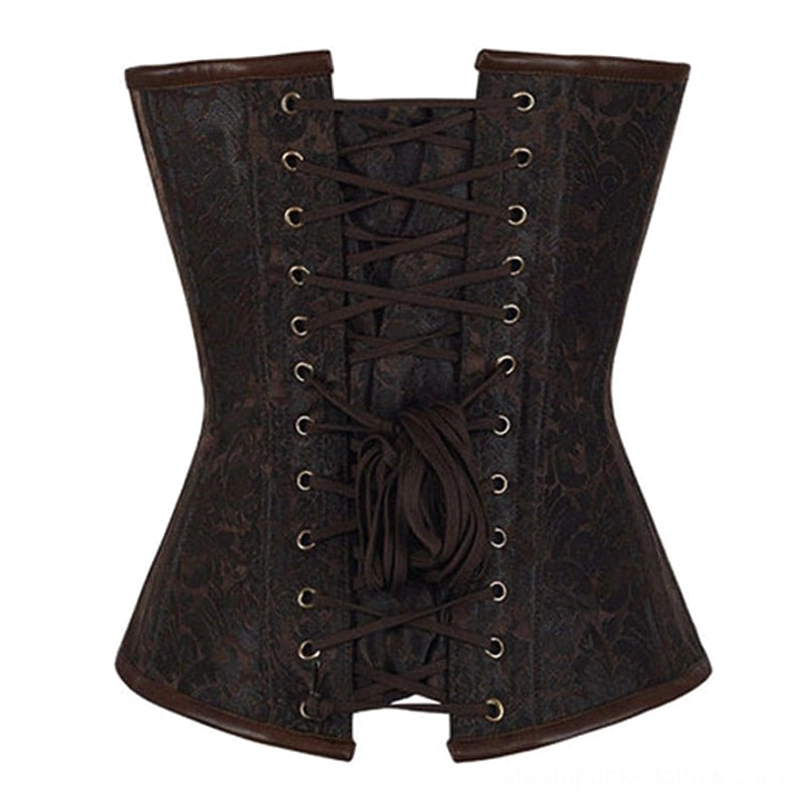Steampunk corset back view - criss-cross lacing with metal eyelets and leather edging