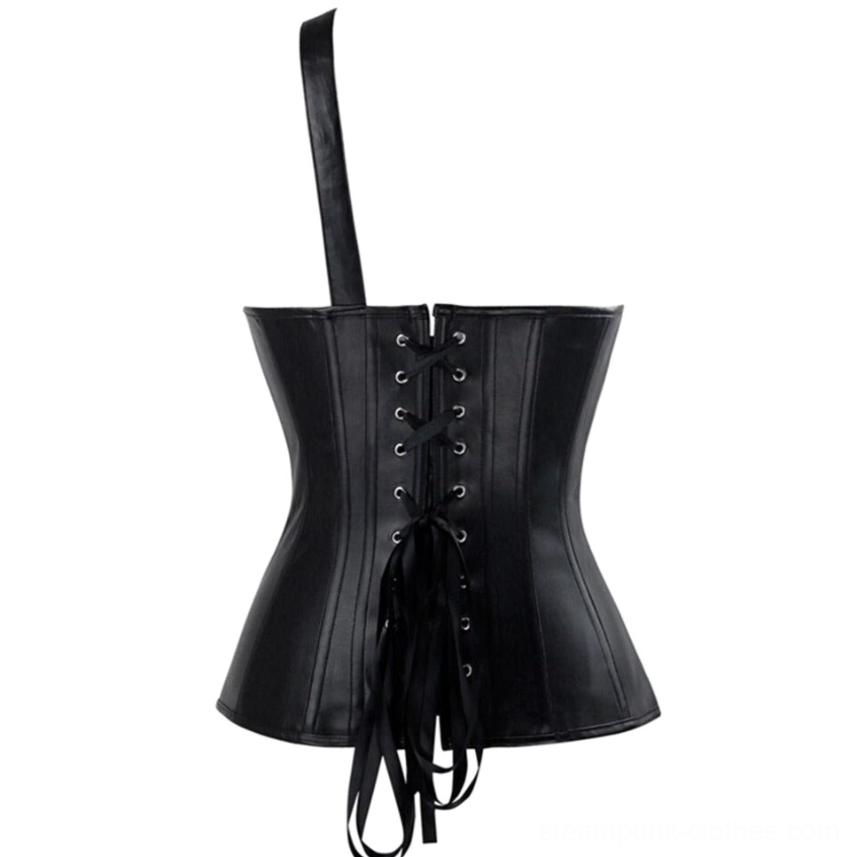 Steampunk warrior corset back view showcasing back lace-up tassel ties and single shoulder strap design