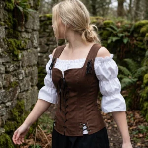 Steampunk corset side and back view on model wearing black skirt in outdoor woodland setting