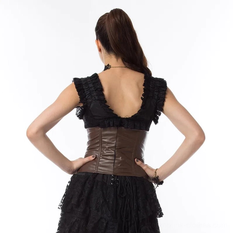 Steampunk corset back view showing smooth faux leather panel construction, styled with black ruffled skirt