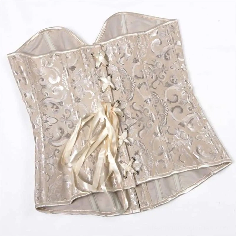 Beige damask jacquard steampunk corset with cream satin lace-up ties and sheer neckline trim