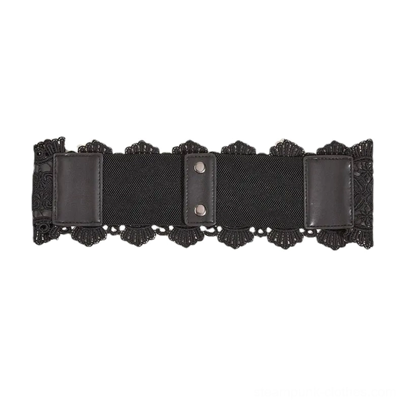 Back view flat lay of steampunk lace corset belt showing elastic band construction, leather snap fasteners, and 11cm width specification