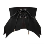 Black bat-wing steampunk corset belt front flat lay display with gold metal lace-up aglets and asymmetrical wing hem design on white background
