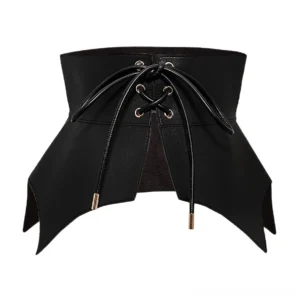 Black bat-wing steampunk corset belt front flat lay display with gold metal lace-up aglets and asymmetrical wing hem design on white background