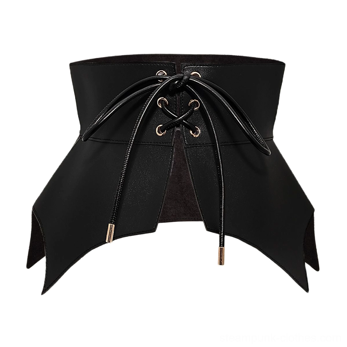 Black bat-wing steampunk corset belt front flat lay display with gold metal lace-up aglets and asymmetrical wing hem design on white background