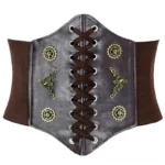 Victorian steampunk corset belt in dark brown PU leather with intricate lace-up front, ornamental brass gears, and elastic side straps, shown in full flat lay view on clean white background