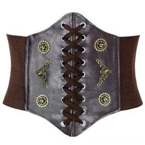 Victorian steampunk corset belt in dark brown PU leather with intricate lace-up front, ornamental brass gears, and elastic side straps, shown in full flat lay view on clean white background