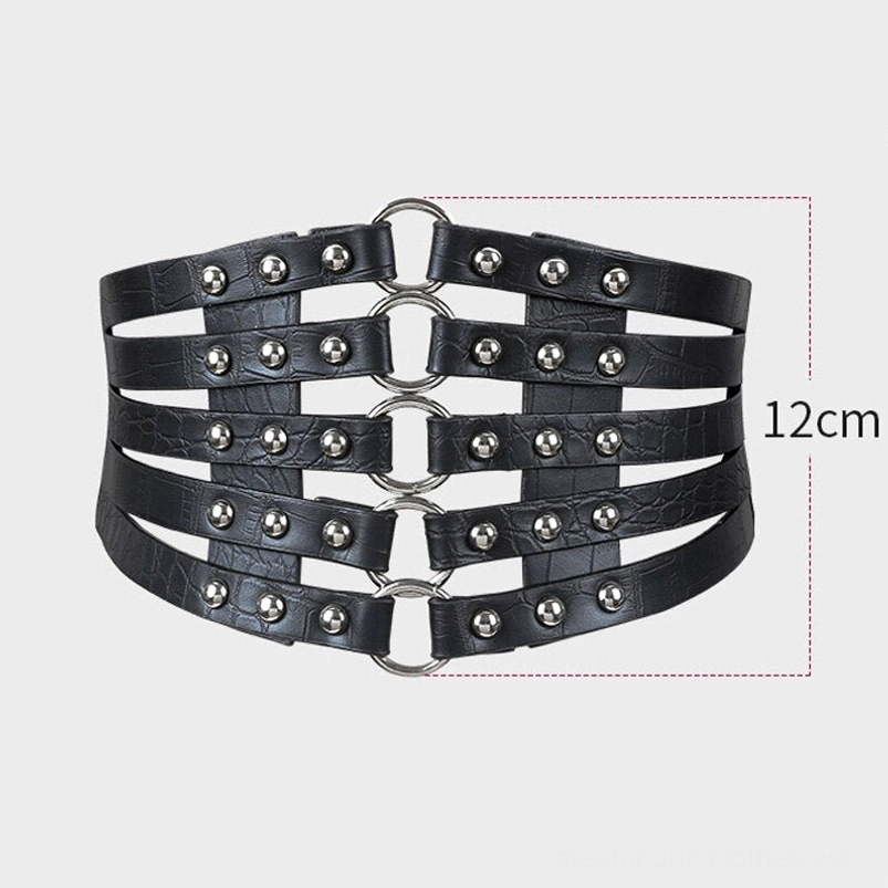 Complete black multi-strap studded steampunk corset belt measuring 12cm width in front flat lay, displaying full five-strap architectural design with silver metal O-rings and rivet components