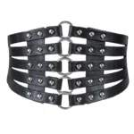 Black multi-strap studded steampunk corset belt front flat lay displaying five structural straps, silver O-ring connectors, and meticulously placed rivet details against pure white background