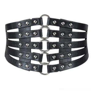 Black multi-strap studded steampunk corset belt front flat lay displaying five structural straps, silver O-ring connectors, and meticulously placed rivet details against pure white background
