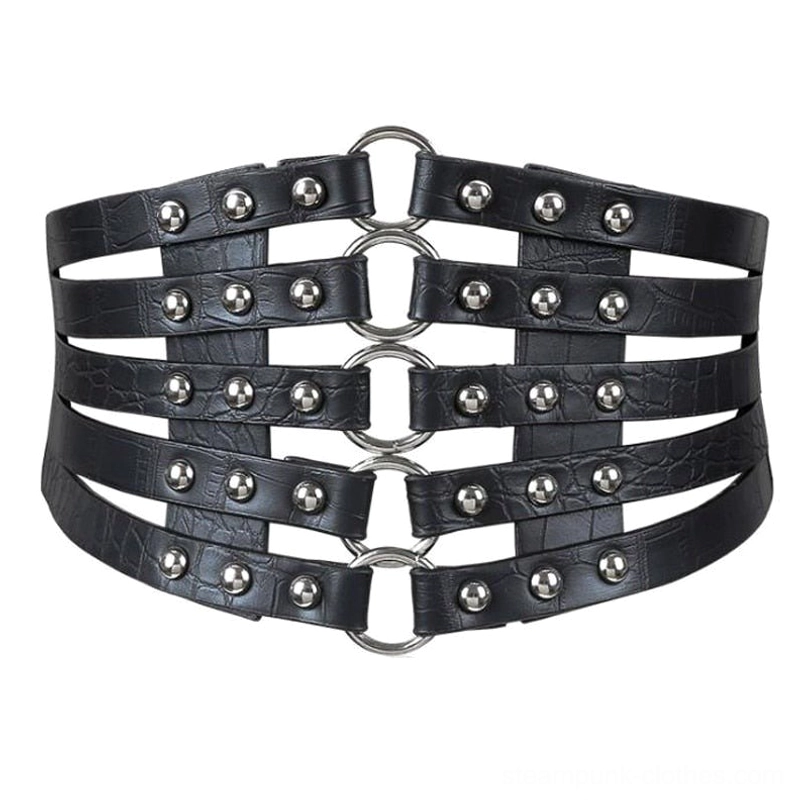 Black multi-strap studded steampunk corset belt front flat lay displaying five structural straps, silver O-ring connectors, and meticulously placed rivet details against pure white background